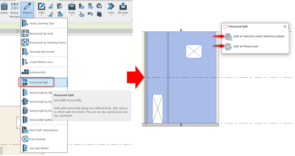 MWF Framing Software menu displaying the Split Horizontal tool