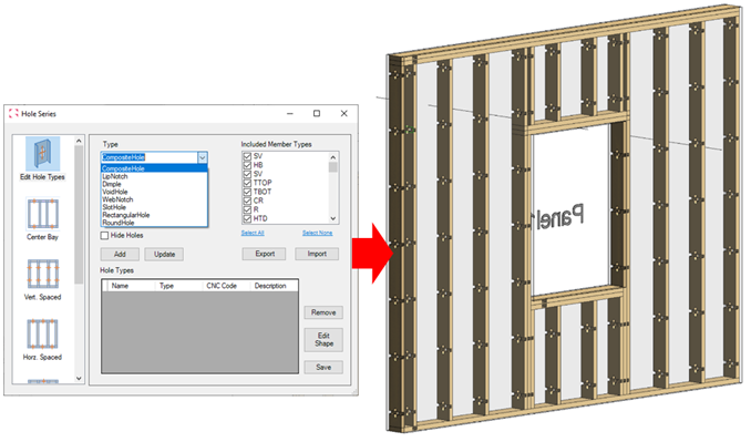 MWF framing software with composite hole types