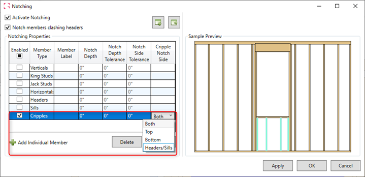 MWF framing software displaying the notching tool with option for cripples