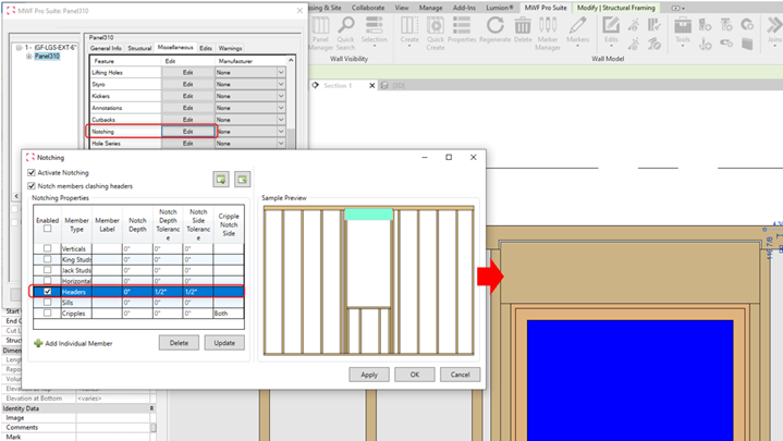 MWF framing software interface with improvements to the notching tool 