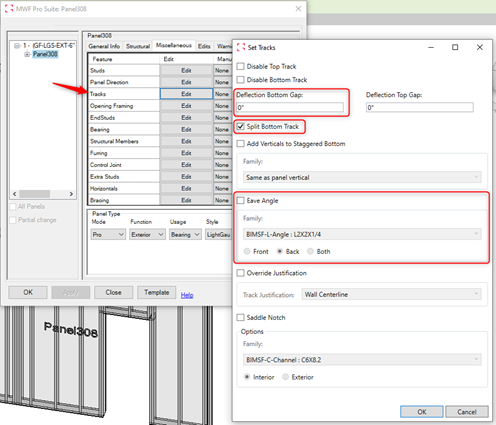MWF framing software interface with the tracks tool menu