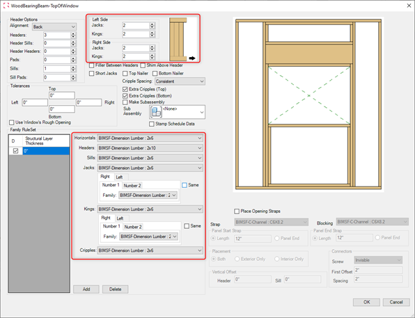 MWF framing software menu showing wood bearing beam markers