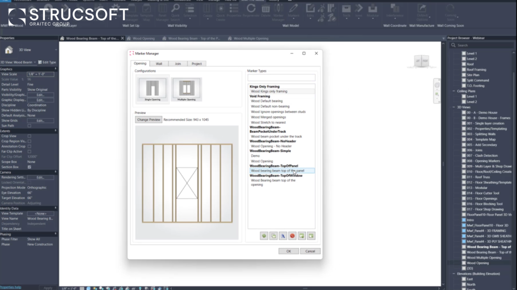 Wood opening markers in StrucSoft Revit framing software