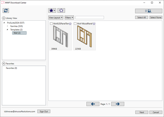 Framing software menu detail showcasing new Revit family additions to the download center. 