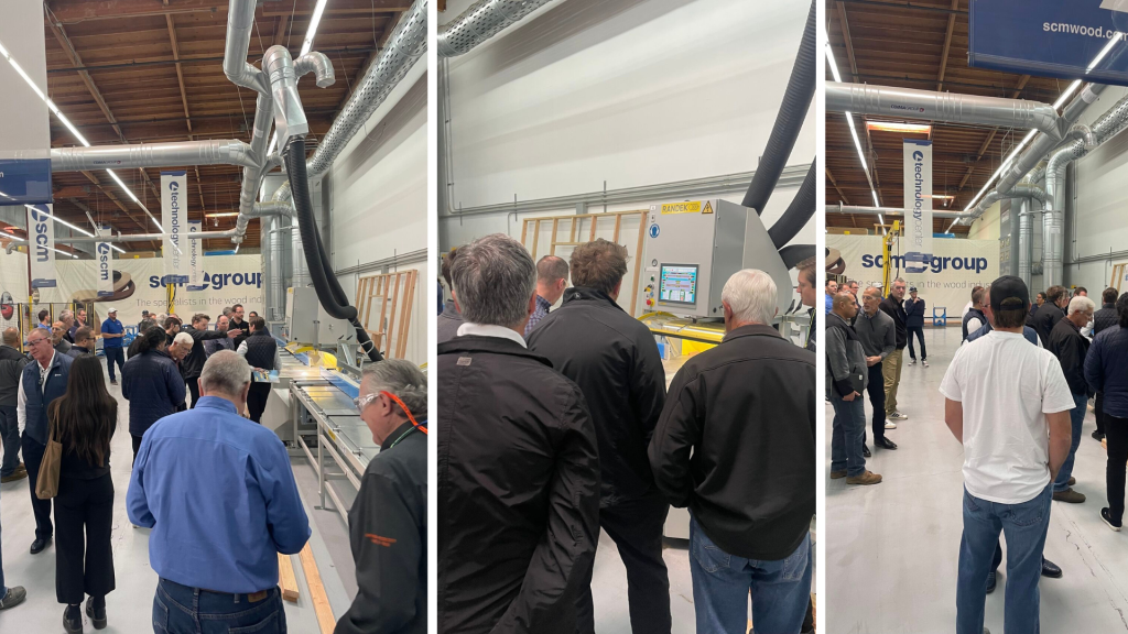 photo collage depicting a crowd around a wood component fabrication machine for offsite construction