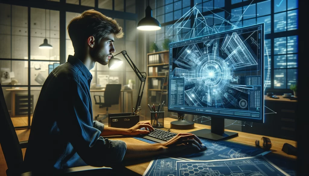 image depicting a man learning CAD with a computer in front