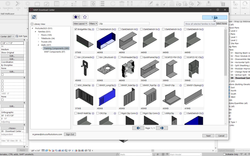 Software interface displaying the MWF download center for Revit and Clarkdietrich families
